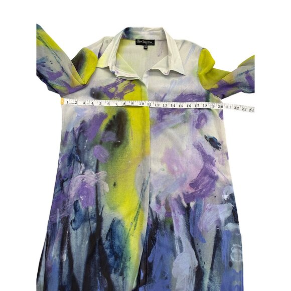 Claire Desjardins Button-Up Tunic Sheer Abstract Top Purple Yellow Womens Size M - Picture 5 of 8